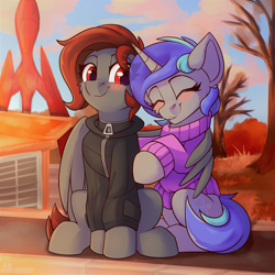 Size: 3000x3000 | Tagged: safe, artist:shadowreindeer, oc, pegasus, pony, unicorn, autumn, blushing, clothes, cloud, commission, fallout, happy, high res, jacket, red eyes, spaceship, sweater, wing hold