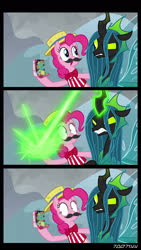 Size: 1288x2282 | Tagged: safe, edit, edited screencap, editor:teren rogriss, screencap, holly the hearths warmer doll, pinkie pie, queen chrysalis, changeling, changeling queen, earth pony, pony, g4, my little pony best gift ever, the ending of the end, chrysalis blasts things, fake moustache, female, green eyes, tricked, trickery, ultimate chrysalis