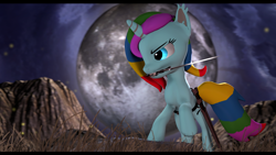 Size: 3840x2160 | Tagged: safe, artist:xxtheobanditxx, oc, oc only, pony, unicorn, 3d, female, high res, mare, moon, mouth hold, solo, sword, weapon