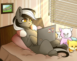 Size: 5906x4724 | Tagged: safe, artist:buvanybu, artist:neonishe, oc, oc only, oc:kenn, earth pony, pony, bed, computer, laptop computer, lying on bed, male, pillow, smiling, solo, stallion, ych result