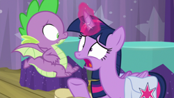 Size: 1920x1080 | Tagged: safe, screencap, spike, twilight sparkle, alicorn, dragon, pony, a trivial pursuit, g4, bag, saddle bag, twilight sparkle (alicorn), winged spike, wings