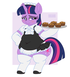 Size: 4500x5000 | Tagged: safe, artist:whistrid, twilight sparkle, pony, unicorn, g4, absurd resolution, apple brown betty (food), belly, bipedal, blushing, chubby, chubby twilight, clothes, cute, fat, female, food, lidded eyes, maid, maidlight sparkle, mare, movie accurate, plate, solo, twiabetes, twilard sparkle, unicorn twilight, wide hips