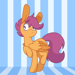 Size: 2160x2160 | Tagged: safe, artist:glowfangs, scootaloo, pegasus, pony, g4, female, filly, high res, long ears, raised hoof, solo, striped background