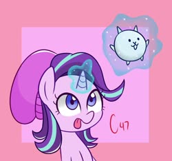 Size: 872x815 | Tagged: safe, artist:handgunboi, starlight glimmer, cat, pony, unicorn, equestria girls, equestria girls specials, g4, my little pony equestria girls: mirror magic, beanie, bust, cute, equestria girls ponified, female, glimmerbetes, hat, magic, ponified, simple background, solo, telekinesis, the battle cats, tongue out
