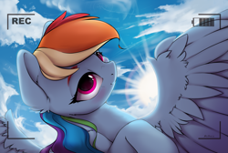 Size: 3701x2483 | Tagged: safe, artist:hitbass, rainbow dash, pegasus, pony, g4, camera shot, cloud, cute, dashabetes, digital art, female, high res, looking at camera, looking at you, mare, recording, smiling, solo, spread wings, sun, wing fluff, wings