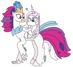 Size: 2114x1931 | Tagged: safe, artist:supahdonarudo, fleur-de-lis, queen novo, classical hippogriff, hippogriff, pony, unicorn, series:fleurbuary, g4, my little pony: the movie, heart, kissy face, looking back, one eye closed, simple background, surprised, transparent background, wink