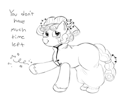Size: 1089x951 | Tagged: safe, artist:anonymous, artist:happyartfag, cozy glow, pony, unicorn, g4, 4chan, chinese dress, confetti, cozybetes, cute, drawthread, female, looking at you, monochrome, solo, text, threat