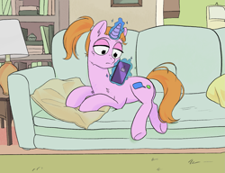 Size: 1951x1495 | Tagged: safe, artist:draw3, pony, unicorn, 4chan, book, bookshelf, cellphone, couch, crossover, drawthread, glowing horn, horn, lamp, magic, phone, ponified, rick and morty, smartphone, solo, summer smith, telekinesis