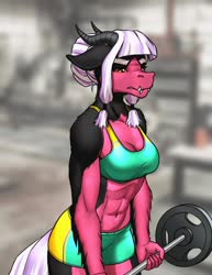 Size: 770x1000 | Tagged: safe, artist:mykegreywolf, oc, oc only, oc:twisted mind, anthro, abs, anthro oc, belly button, breasts, cleavage, clothes, female, interspecies offspring, midriff, muscles, muscular female, offspring, parent:lord tirek, parent:twilight sparkle, parents:twirek, reasonably sized breasts, solo, sports bra, sports shorts, weight lifting, weights, workout outfit