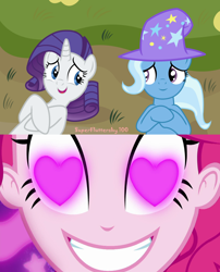 Size: 1024x1268 | Tagged: safe, artist:superfluttershy100, pinkie pie, rarity, trixie, pony, unicorn, coinky-dink world, equestria girls, g4, my little pony equestria girls: summertime shorts, exploitable meme, female, heart eyes, lesbian, mare, meme, pinkie's eyes, ship:rarixie, shipping, wingding eyes