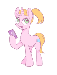 Size: 1214x1581 | Tagged: safe, artist:draw3, pony, unicorn, 4chan, crossover, drawthread, phone, ponified, rick and morty, simple background, solo, summer smith, white background