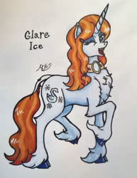 Size: 2775x3602 | Tagged: safe, artist:mesuyoru, oc, oc only, oc:glare ice, pony, unicorn, blue eyes, cloven hooves, fluffy, gemstones, high res, horn, jewelry, mirror, necklace, one eye closed, orange mane, simple background, solo, traditional art, unshorn fetlocks, wavy mane, white coat, wink