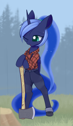 Size: 1008x1740 | Tagged: safe, artist:dusthiel, princess luna, alicorn, pony, g4, alternate hairstyle, axe, belt, bipedal, clothes, female, forest, grass, jeans, lumberjack, mare, one eye closed, open mouth, outdoors, pants, plaid shirt, ponytail, solo, suspenders, sweat, tree stump, weapon