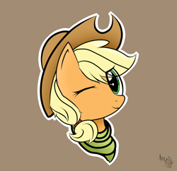 Size: 1600x1550 | Tagged: safe, artist:arrgus-korr, applejack, earth pony, pony, g4, bust, cowboy hat, female, handkerchief, hat, head only, looking at you, mare, one eye closed, portrait, simple background, smiling, smiling at you, solo, sticker, wink, winking at you