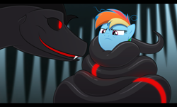Size: 2283x1377 | Tagged: safe, artist:culu-bluebeaver, rainbow dash, oc, oc:plague, pegasus, pony, snake, g4, angry, coils, fake screenshot, letterboxing, looking at each other, oc villain, show accurate, simple background, smiling