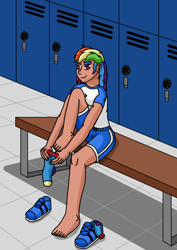 Size: 1240x1754 | Tagged: safe, artist:n3onreflections, rainbow dash, human, g4, barefoot, bench, clothes, feet, gym shorts, humanized, legs, locker room, sexy, shirt, shoes, shorts, sitting, sneakers, socks, t-shirt, tomboy