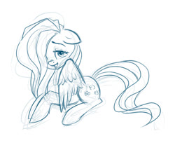 Size: 895x730 | Tagged: safe, artist:polkin, fluttershy, pegasus, pony, g4, female, floppy ears, hair over one eye, lidded eyes, looking at you, mare, monochrome, prone, sketch, solo