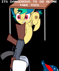Size: 4184x5000 | Tagged: safe, alternate version, artist:anonymous, edit, oc, oc:apogee, earth pony, pegasus, pony, ak-47, assault rifle, black background, desk, duo, ethereal mane, female, filly, gun, it's dangerous to go alone, mare, mask, meme, offering, rifle, simple background, starry mane, surgical mask, table, take this, text, the legend of zelda, weapon