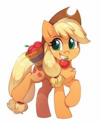 Size: 2071x2540 | Tagged: safe, artist:share dast, applejack, earth pony, pony, g4, apple, chest fluff, cute, female, food, high res, jackabetes, mare, mouth hold, simple background, smiling, solo, white background