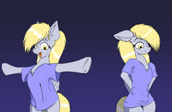 Size: 4400x2894 | Tagged: safe, artist:coreboot, derpy hooves, pegasus, pony, semi-anthro, g4, arm hooves, chest fluff, clothes, female, gradient background, mare, meme, pajamas challenge, shirt, smiling, solo, t-shirt