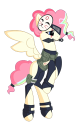 Size: 1236x1843 | Tagged: safe, artist:j053ph-d4n13l, oc, oc only, oc:cheery candy, oc:cheery kawaii, pegasus, pony, alternate hairstyle, alternate universe, clothes, commission, eye scar, female, fingerless gloves, flying, gloves, headband, kunai, mare, mask, mouth hold, multicolored hair, ninja, pouch, rainbow hair, scar, simple background, solo, tattoo, transparent background, vest