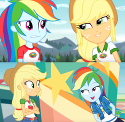 Size: 1102x1076 | Tagged: safe, edit, edited screencap, screencap, applejack, rainbow dash, equestria girls, equestria girls series, g4, my little pony equestria girls: legend of everfree, rollercoaster of friendship, applejack's hat, camp everfree outfits, clothes, comparison, cowboy hat, crossed arms, denim skirt, eye, eyes, female, friends, geode of empathy, geode of shielding, geode of sugar bombs, geode of super speed, geode of super strength, geode of telekinesis, hat, hoodie, look, magical geodes, pants, rivalry, shirt, sibling love, sisterly love, skirt, stetson, t-shirt, together