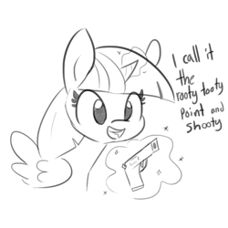 Size: 1080x1080 | Tagged: safe, artist:tjpones, part of a set, twilight sparkle, alicorn, pony, g4, dialogue, female, grayscale, gun, magic, mare, monochrome, rooty tooty point and shooty, simple background, solo, telekinesis, twilight sparkle (alicorn), weapon, white background