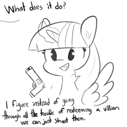 Size: 1080x1080 | Tagged: safe, artist:tjpones, part of a set, pinkie pie, twilight sparkle, alicorn, pony, g4, dialogue, female, grayscale, gun, magic, mare, monochrome, offscreen character, open mouth, rooty tooty point and shooty, simple background, telekinesis, twilight sparkle (alicorn), weapon, white background