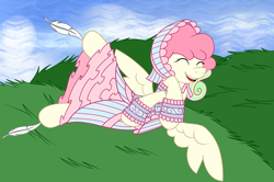 Size: 2118x1404 | Tagged: safe, artist:j053ph-d4n13l, oc, oc only, oc:cheery candy, oc:cheery meadows, pegasus, pony, alternate hairstyle, alternate universe, clothes, cloud, commission, dress, eyes closed, feather, female, fetish, grass, headress, hoof fetish, hoof tickling, laughing, mare, multicolored hair, open mouth, rainbow hair, sky, solo, tickle torture, tickling