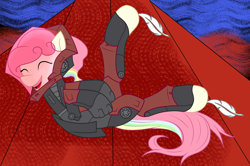 Size: 1700x1131 | Tagged: safe, artist:j053ph-d4n13l, oc, oc only, oc:cheery candy, oc:hard-candy, pegasus, pony, alternate hairstyle, alternate universe, armor, commission, eyes closed, feather, female, fetish, helmet, hoof fetish, hoof tickling, laughing, mare, multicolored hair, open mouth, rainbow hair, solo, tickle torture, tickling
