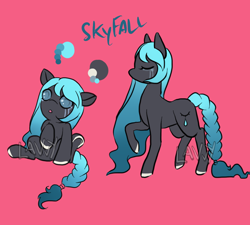 Size: 1000x900 | Tagged: safe, artist:lavvythejackalope, oc, oc only, oc:skyfall, pony, :o, baby, baby pony, braided tail, colored hooves, duo, eyes closed, open mouth, raised hoof, reference sheet, simple background, sitting, text, underhoof