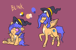 Size: 1200x800 | Tagged: safe, artist:lavvythejackalope, oc, oc only, oc:blink, pegasus, pony, :o, baby, baby pony, cup, duo, eyes closed, hat, open mouth, pegasus oc, raised hoof, reference sheet, simple background, sitting, tattoo, teacup, text, underhoof, wings, witch hat