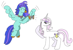 Size: 3247x2227 | Tagged: safe, artist:supahdonarudo, fleur-de-lis, oc, oc:sea lilly, classical hippogriff, hippogriff, pony, unicorn, series:fleurbuary, g4, camera, flying, high res, jewelry, necklace, one eye closed, posing for photo, raised hoof, simple background, taking a photo, transparent background