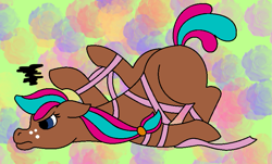 Size: 819x496 | Tagged: safe, artist:chili19, oc, oc only, oc:blossom, earth pony, pony, abstract background, earth pony oc, freckles, solo, tangled up