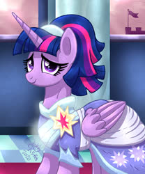 Size: 998x1200 | Tagged: safe, artist:joakaha, twilight sparkle, alicorn, pony, g4, the last problem, castle, clothes, coronation dress, dress, female, looking at you, mare, second coronation dress, smiling, solo, twilight sparkle (alicorn)