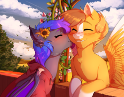 Size: 3145x2457 | Tagged: safe, artist:hakkids2, oc, oc only, oc:grey, oc:pwospewity, bat pony, pegasus, pony, blushing, chest fluff, clothes, cloud, cute, ear fluff, eyes closed, flower, flower in hair, happy, high res, hoodie, kissing, male, sky, stallion, warm