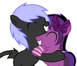 Size: 1156x1004 | Tagged: safe, artist:theironheart, oc, oc only, earth pony, pony, bow, earth pony oc, eyes closed, female, grin, hair bow, hug, male, mare, oc x oc, shipping, simple background, smiling, stallion, transparent background