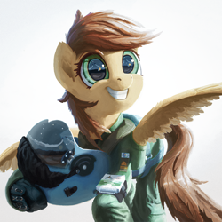 Size: 1080x1080 | Tagged: safe, alternate version, artist:rotkotiili, oc, pegasus, pony, air force, cadet, feathers for hair, female, grin, happy, helmet, mare, simple background, smiling, white background
