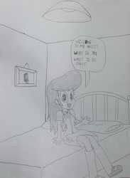 Size: 1150x1567 | Tagged: safe, artist:octascratchrock, octavia melody, equestria girls, g4, bed, bedroom, black and white, clothes, female, grayscale, home, looking at you, monochrome, simple background, solo, traditional art, white background
