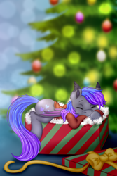 Size: 2000x3000 | Tagged: safe, artist:jerraldina, oc, oc only, oc:grey, bat pony, pony, bow, box, christmas, christmas tree, clothes, comfy, cozy, cute, eyes closed, heart, high res, holiday, hoodie, male, pony in a box, present, sleeping, solo, tree, warm, wings