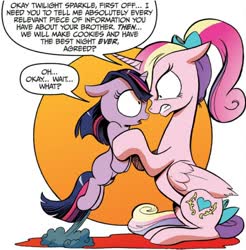 Size: 800x812 | Tagged: safe, artist:andypriceart, idw, official comic, princess cadance, twilight sparkle, alicorn, pony, unicorn, g4, neigh anything, spoiler:comic12, comic panel, dissonant cadance, duo, female, filly, filly twilight sparkle, mare, meme origin, out of context, simple background, unicorn twilight, wait what, wide eyes, younger