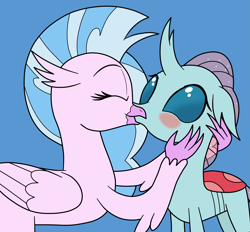 Size: 3185x2961 | Tagged: safe, artist:eagc7, ocellus, silverstream, changedling, changeling, hippogriff, g4, blue background, blushing, duo, female, high res, kiss on the lips, kissing, lesbian, ship:ocellustream, shipping, simple background