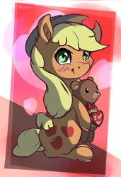 Size: 2139x3119 | Tagged: safe, artist:nookprint, part of a set, applejack, earth pony, pony, g4, blushing, cheek fluff, chest fluff, cute, ear fluff, female, heart, high res, holiday, jackabetes, mare, plushie, sitting, smiling, solo, teddy bear, valentine's day
