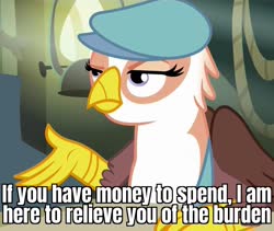 Size: 1273x1074 | Tagged: safe, edit, edited screencap, screencap, gimme moore, griffon, g4, the lost treasure of griffonstone, caption, cash register, cropped, female, frown, hat, image macro, meme, moneybags, newsboy hat, sin of greed, solo, spyro the dragon (series), spyro: a hero's tail, text, unamused