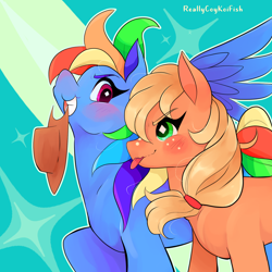 Size: 1750x1750 | Tagged: safe, artist:reallycoykoifish, applejack, rainbow dash, g4, accessory theft, applejack's hat, blushing, cowboy hat, female, hat, lesbian, mouth hold, ship:appledash, shipping, tongue out