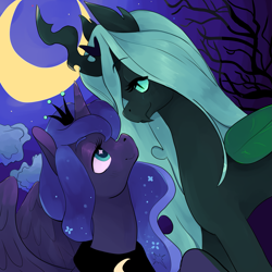 Size: 3281x3280 | Tagged: source needed, safe, artist:reallycoykoifish, princess luna, queen chrysalis, alicorn, changeling, changeling queen, pony, g4, bedroom eyes, chrysaluna, cloud, crescent moon, fangs, female, high res, lesbian, love, moon, night, profile, shipping, sky