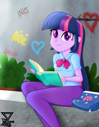 Size: 2400x3085 | Tagged: safe, artist:theretroart88, twilight sparkle, equestria girls, g4, book, clothes, graffiti, high res, pants, reading, sitting, smiling