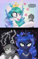 Size: 2250x3500 | Tagged: safe, artist:darkest-lunar-flower, princess celestia, princess luna, alicorn, cat, pony, g4, angry, comparison, cute, cute little fangs, dialogue, fangs, feline, female, grumpy, high res, jojo's bizarre adventure, kitten, luna is not amused, madorable, mare, menacing, open mouth, royal sisters, siblings, sisters, unamused, urge to kill rising, ゴ ゴ ゴ