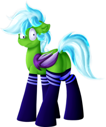 Size: 1280x1529 | Tagged: safe, alternate version, artist:kranonetwork, oc, oc only, oc:batcher, bat pony, pony, butt, clothes, embarrassed, featureless crotch, flustered, green, plot, simple background, socks, solo, thigh highs, transparent background