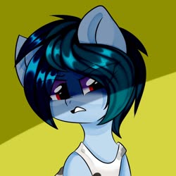Size: 1000x1000 | Tagged: safe, artist:thieftea, oc, oc only, oc:delta vee, pony, bust, disgusted, eye clipping through hair, female, mare, nose wrinkle, simple background, solo, yellow background